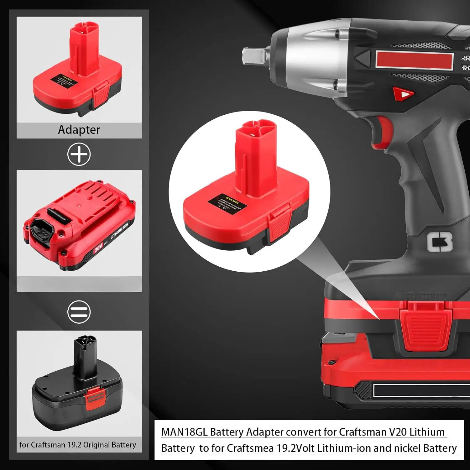 

MAN18GL for Craftsman 19.2v Drill Battery Adapter for Craftsman 20V V20 Li-ion Battery Converter to for 19.2v Cordless Tool