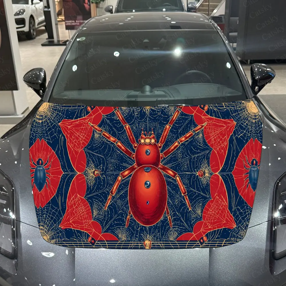 Red Spider Art Gothic Adventure PVC Car Hood Wraps, Self-Adhesive Waterproof Car Bonnet Decal Sticker, Car Decoration Protection