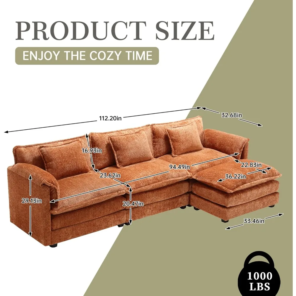 l-shape sectional sofa, 112" cloud couch with chenille upholstery, removable ottoman, and 3 pillows for living room comfort