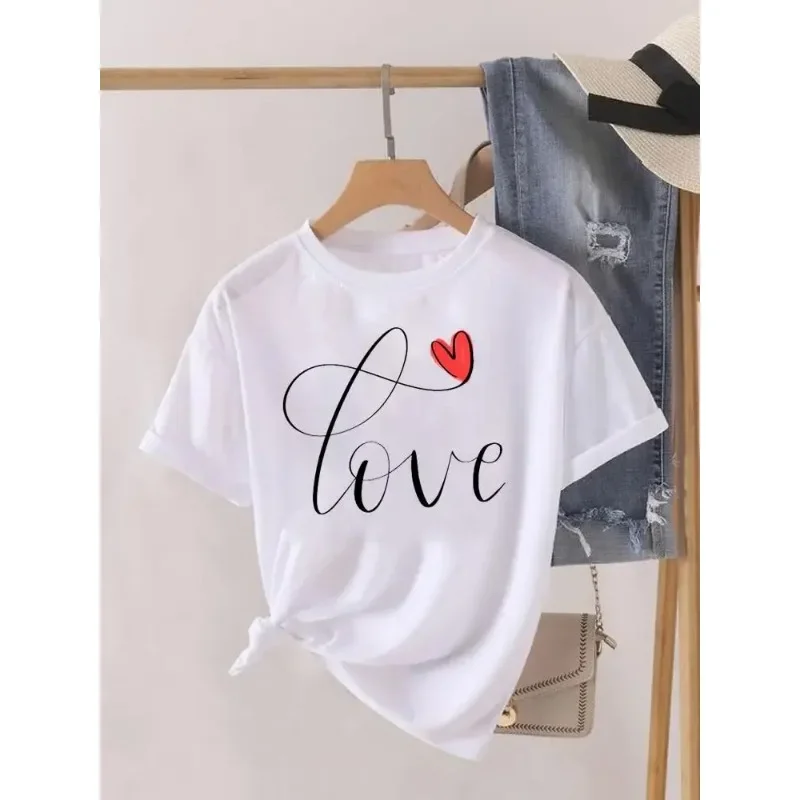 Love Heart Feather Trend Women's T-shirt Cotton Fashion T-shirt Printed Women's Short Sleeves Simple Casual White T-shirt