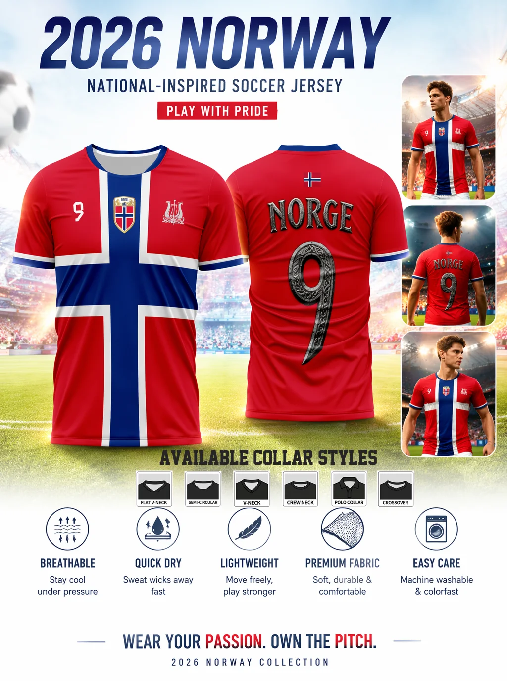 Red‑based Norway soccer jersey with Nordic cross print bears vintage‑style No.9 for national‑team star