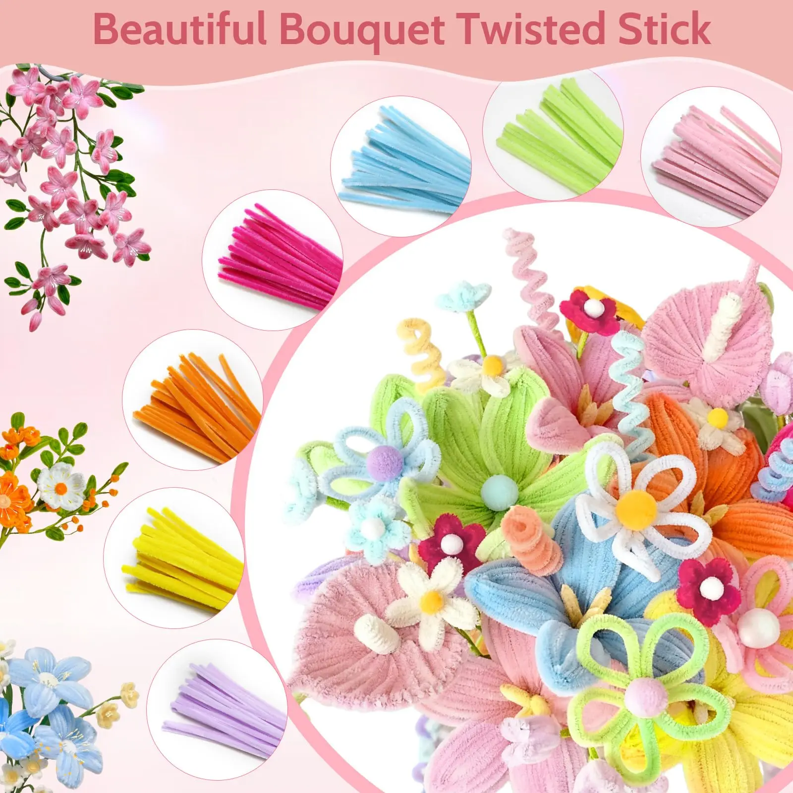 20 Colors 630PCS, Pipe Cleaners Craft Flowers Kit with Handle & Instructions, DIY Art and Craft Supplies for Creative Projects view 5