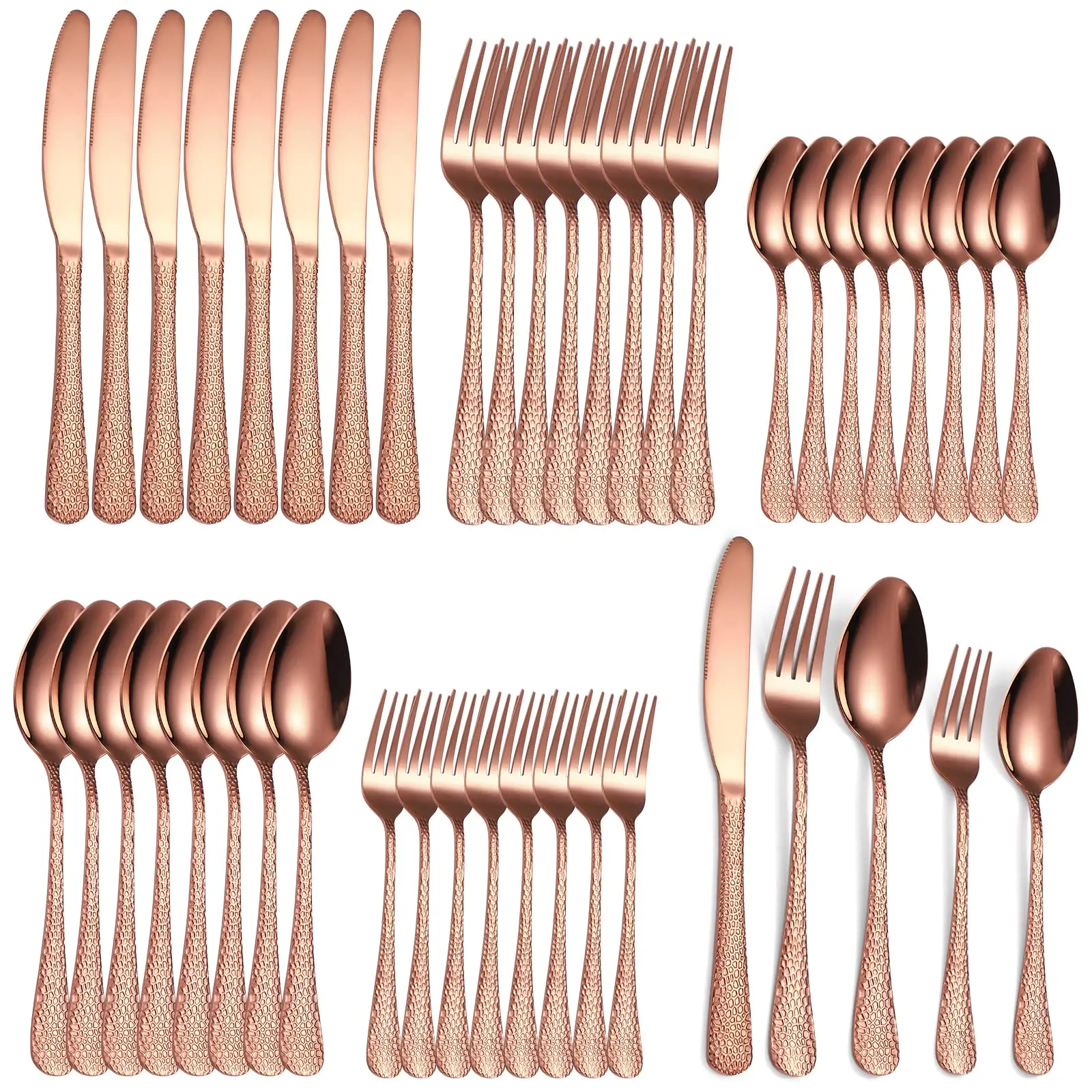 A · HOUSEWARE Hammered Silverware Rose Gold Flatware Set 40 Piece Service for 8 Stainless Steel Knives Forks Spoons Utensils