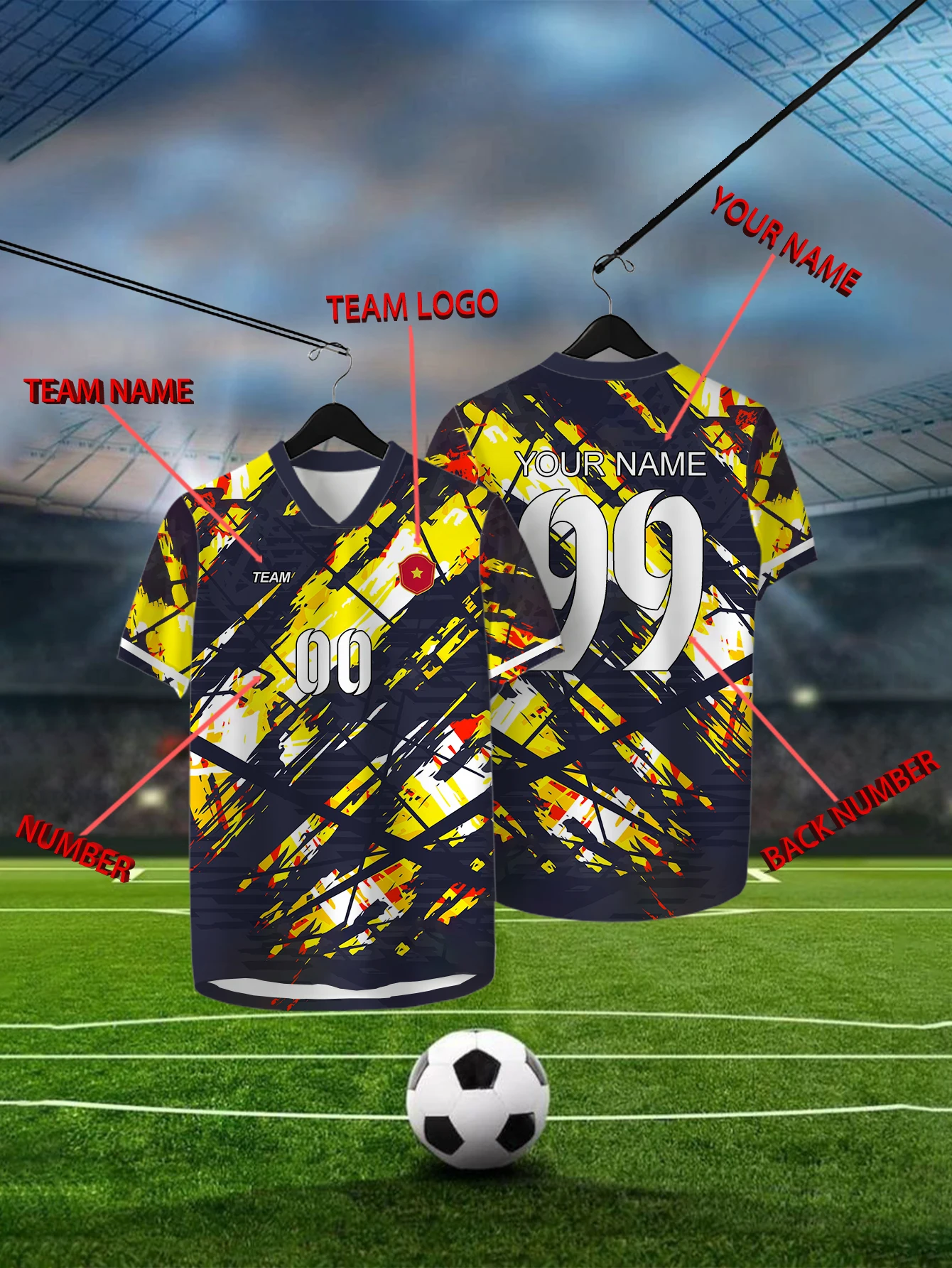 

Customized Geometric Yellow Short Sleeved Shirt with Team Name, Emblem, Name and Number, Outdoor Sports Short Sleeved T-shirt