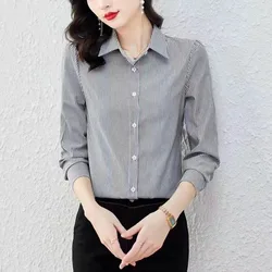 2023 NEW Upscale Striped Fashionable Loose Fitting Long Sleeved Trendy Temperament Casual Commuting Collar Women's Shirt