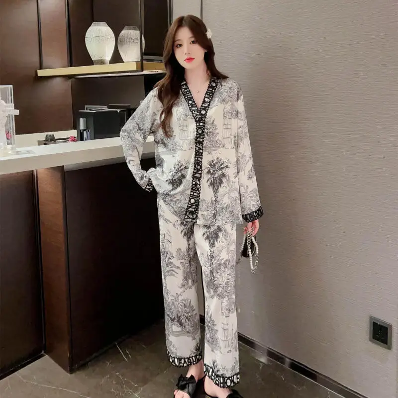 Hot 2026 New Fashion Women Spring Autumn Pajamas High End Chinese Style Long Sleeve Ice Silk Cardigan Home Clothes Two Pieceset