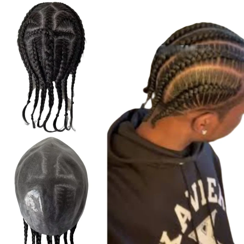 

Indian Virgin Human Hair Replacement 1b# Natural Black Afro Cornrow Braids 8x10 Full PU Toupee Skin Unit for Black Men