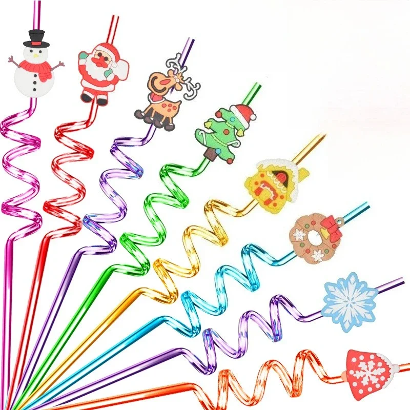 10-100PCS Cute Christmas Drinking Straws Santa Reindeer Snowflake Plastic Straws Kids Party Supplies Holiday Gift Party Favor