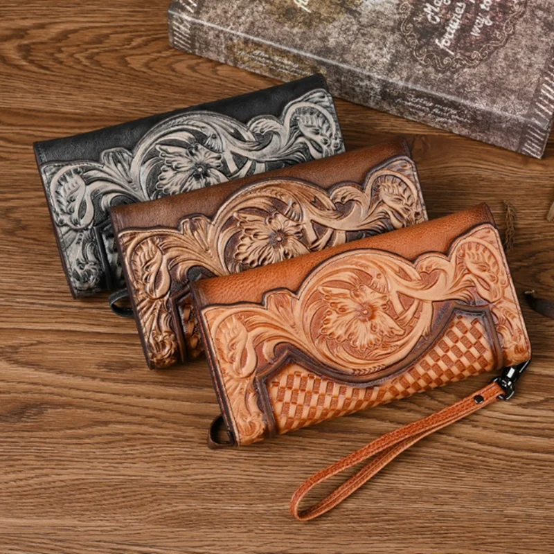 

Новый винтажный женский кошелек с тиснением, длинные женские кошельки из натуральной кожи для женщин, кошелек-органайзер, клатч с браслетом