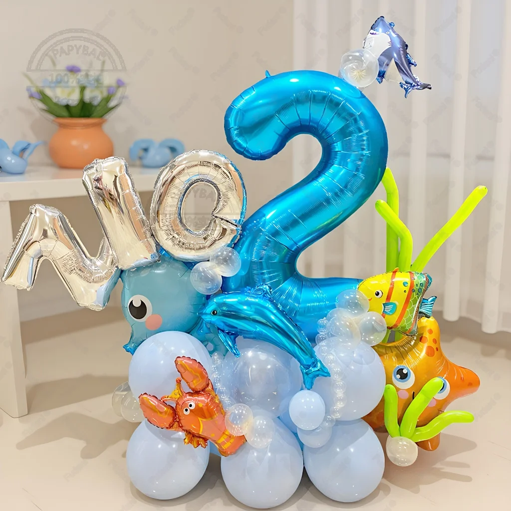 40 Zoll Marine Number Ballons Mini Shark Octopus Geburtstagsdekoration Ballons Ocean Theme Party Ballons für Geburtstagsdekoration