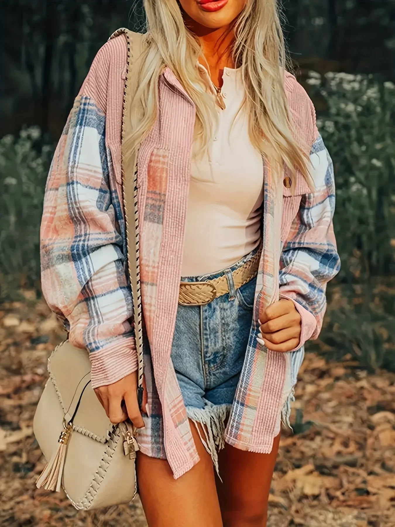 Plaid Shacket Women Lapel Collar Long Sleeve Button Front Oversized Casual Jacket