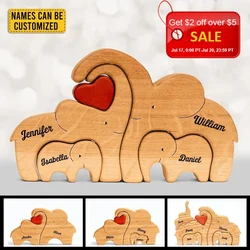 Puzzle en bois personnalisé de famille d'éléphant, puzzle en bois d'animal d'amour, sculpture de nom de famille personnalisée, gravure gratuite, cadeaux de décor