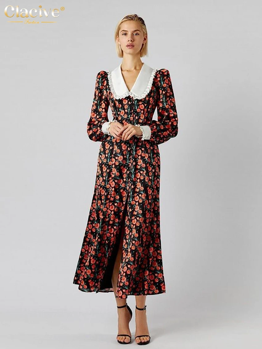 Clacive Fashion Print Office Women Dresses 2023 elegante Doll Collar manica lunga Midi Dress Casual monopetto femminile Dress