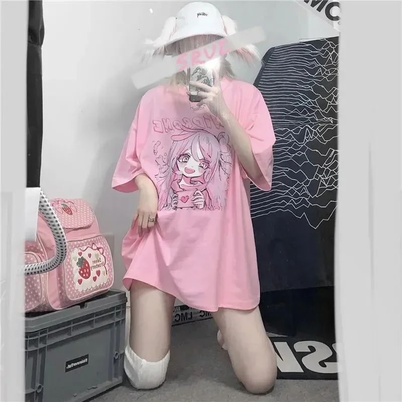 

Милая девочка, милая мультяшная Японская уличная ученика, Харадзюку, розовый Забавный Повседневный Топ, ретро свободная Летняя женская футболка с принтом