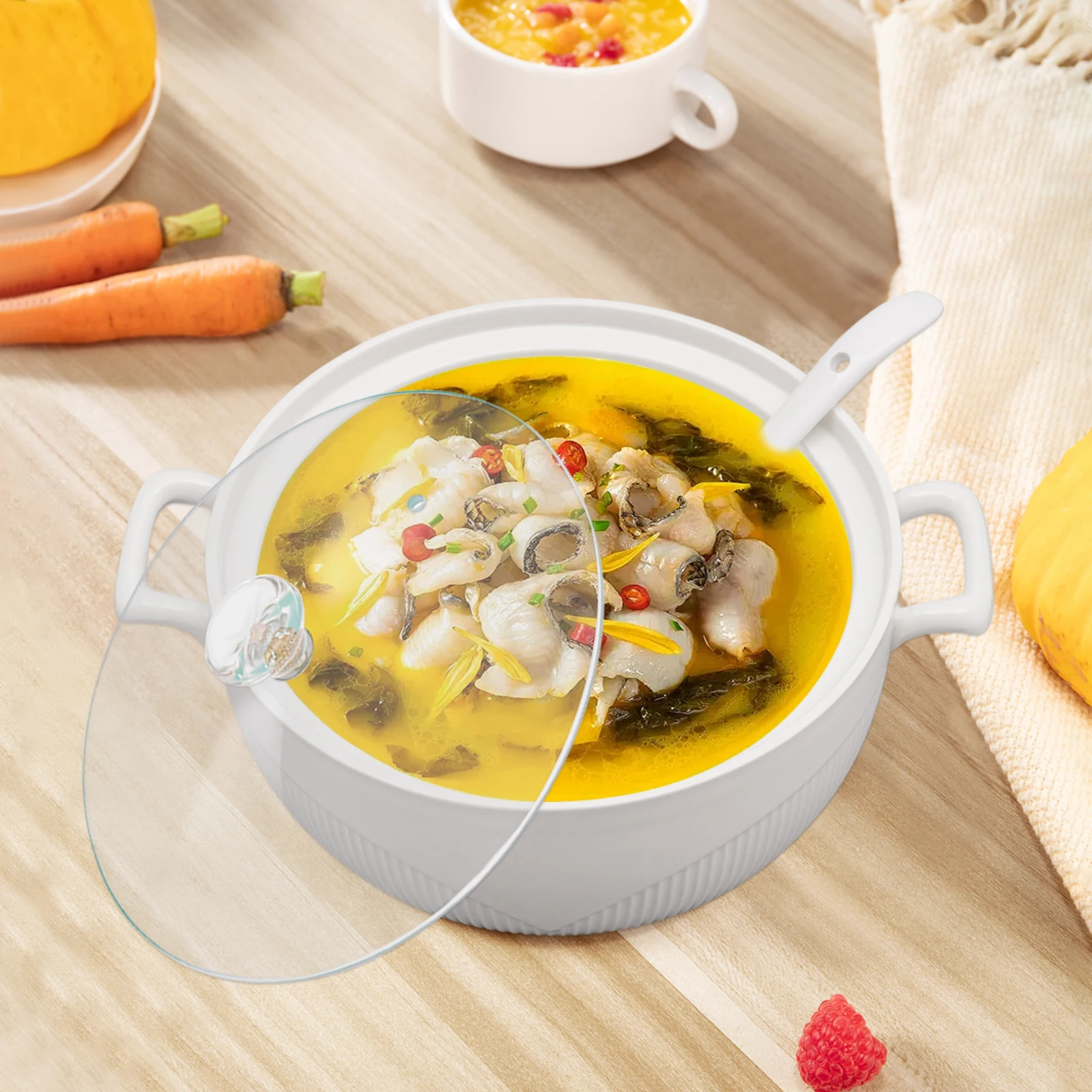 

Ceramic Soup Tureen with Glass Lid, Porcelain Serving Soup Tureen for Restaurant Home Kitchen Decoration, with Soup Ladle