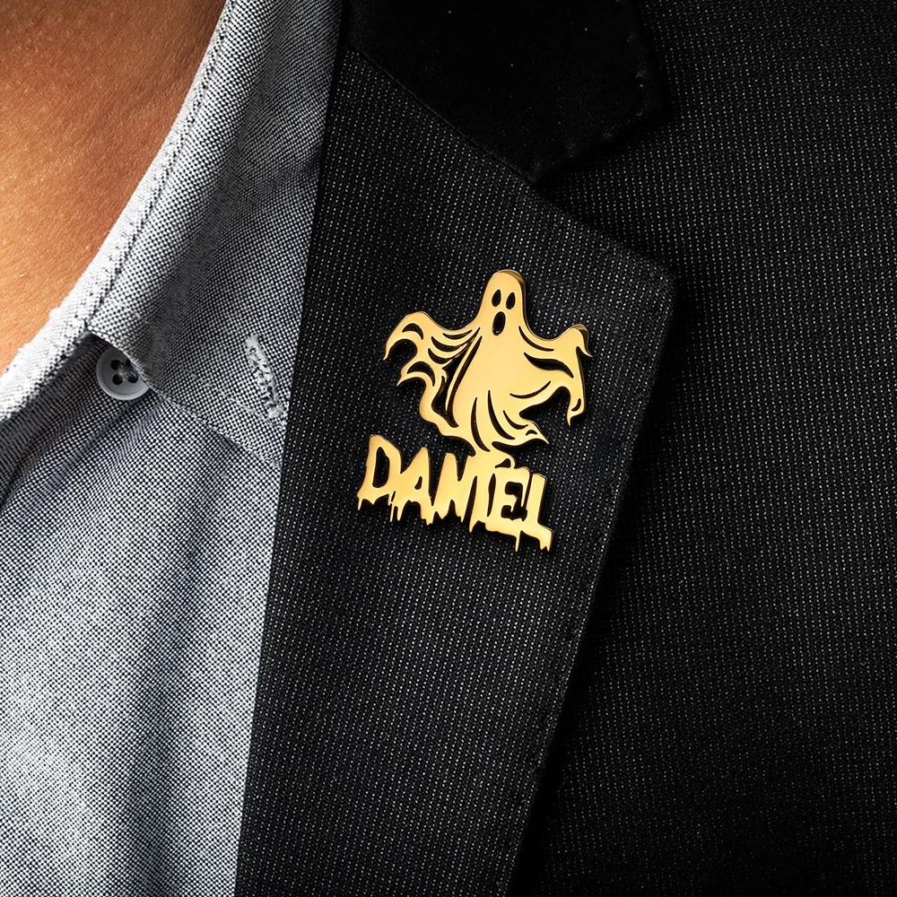 

Custom Halloween Witch Pumpkin Brooch Gothic Bat Ghost Name Brooches Personalized Gold Color Stainless Steel Jewelry Women Men