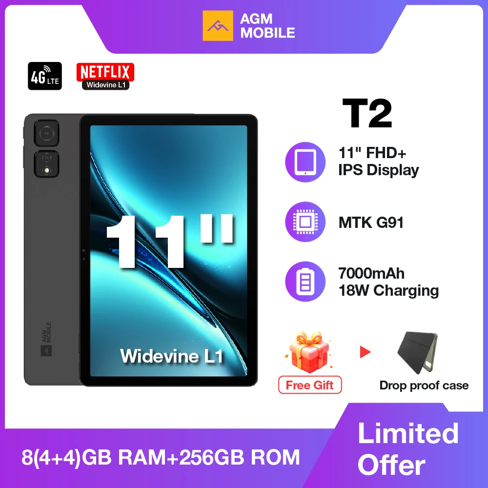 

Планшет AGM T2 11 дюймов FHD + IPS-дисплей MTK-G91 Восьмиядерный процессор 8 ГБ ОЗУ 256 ГБ ПЗУ 13 МП + 2 МП Макро 8000 мАч Планшет Android с защитой от падения для детей
