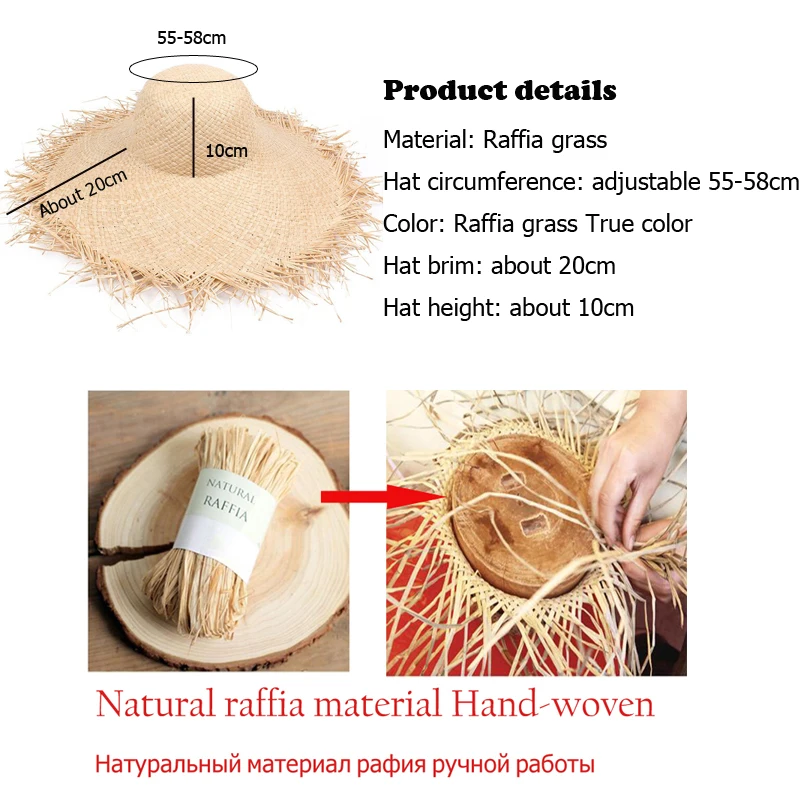 New Natural Raffia Hat Women Summer Hand Woven Straw Hat Gilrs Holiday Sun Hat Wide Brim Sun Hat Floppy Panama Travel Beach Hat