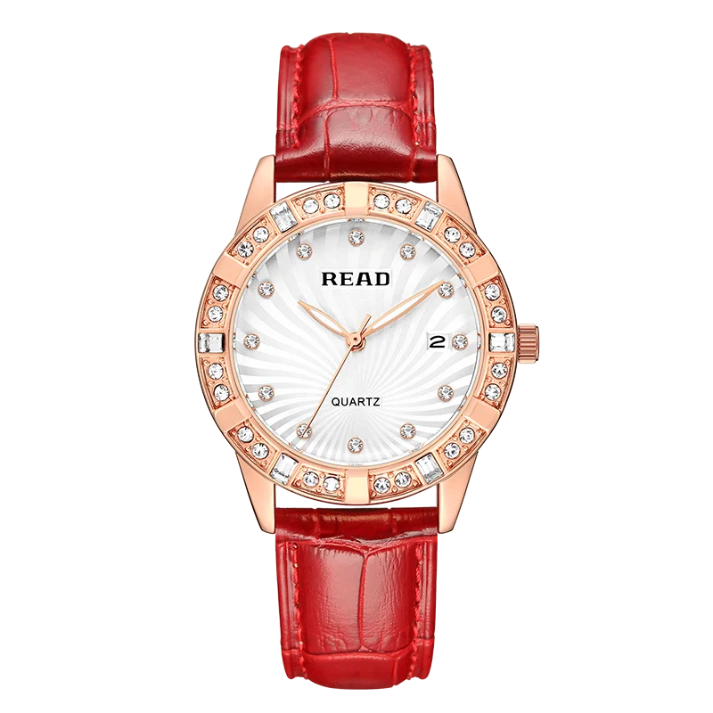 READ Ladies Analog Watch | Calendar Feature | Shiny Bezel | Red Leather Band | Daily Water Resistant Fashion Wrist Watch