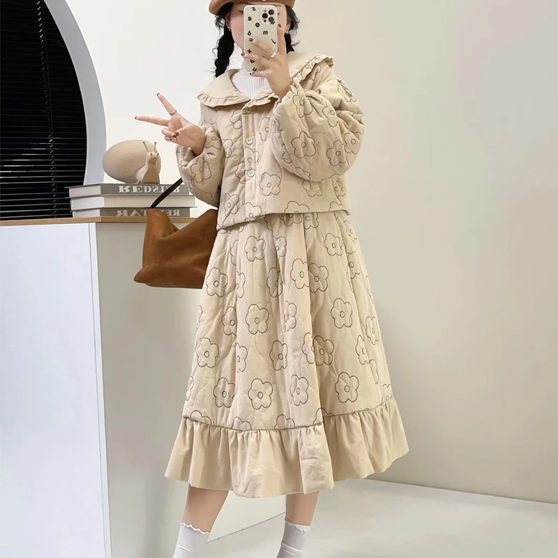 New Autumn Cotton 2 Piece Set, Women Peter Pan Collar Embroidery, Mori Girl Sweet Loose Warm Commute Coat Skirt, Winter S40920CC