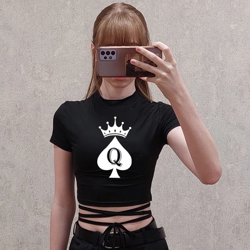 Queen Of Spade Crop Tops Ladies Black Bandage Tee Fashion Women Hot Short T-Shirts Sexy Short Sleeve Female Shirts Gilrs Clothes