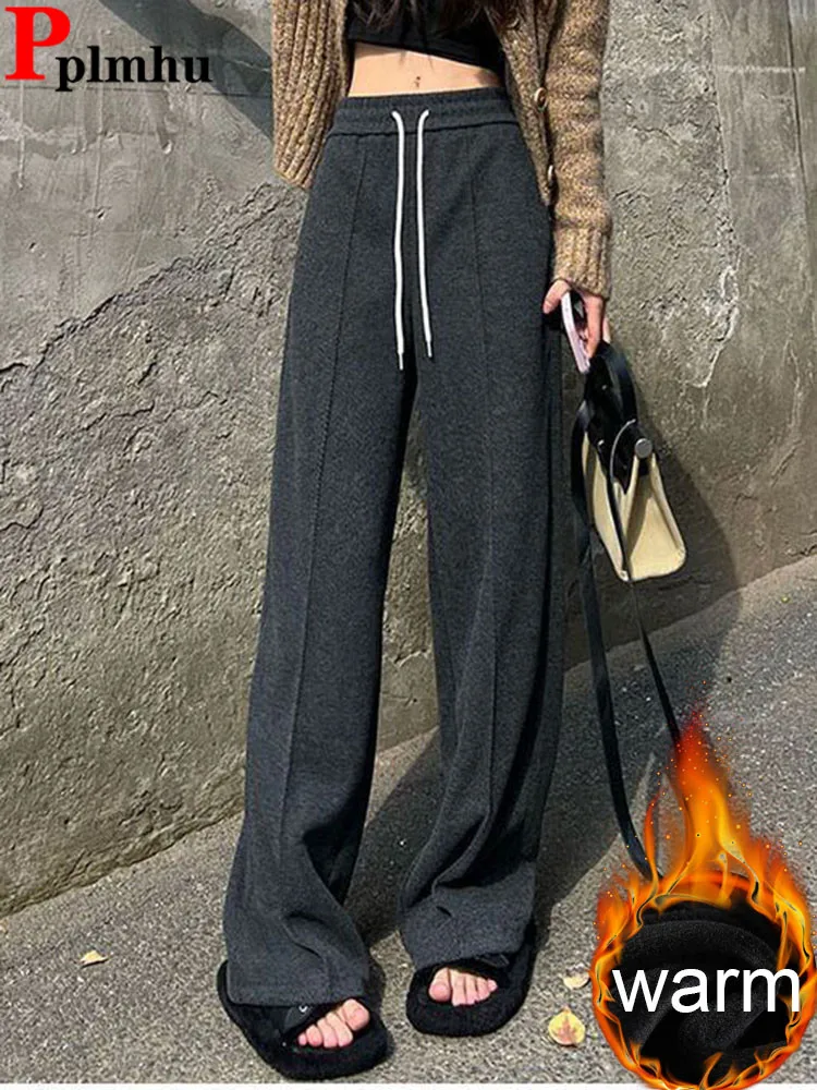 

Casual Loose Woolen Thicken Straight Pants Women High Waist Lace Up Velvet Lined Wide Leg Pantalones Winter Warm Chic Sweatpants