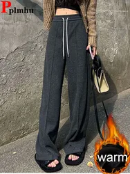 Casual Loose Woolen Thicken Straight Pants Women High Waist Lace Up Velvet Lined Wide Leg Pantalones Winter Warm Chic Sweatpants