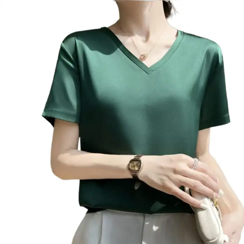 

Summer Women Elegant Acetate Satin Tops Office Lady All-match Bottoming Shirt S-7XL White Sexy V-Neck T-shirt Korean Slik Blouse