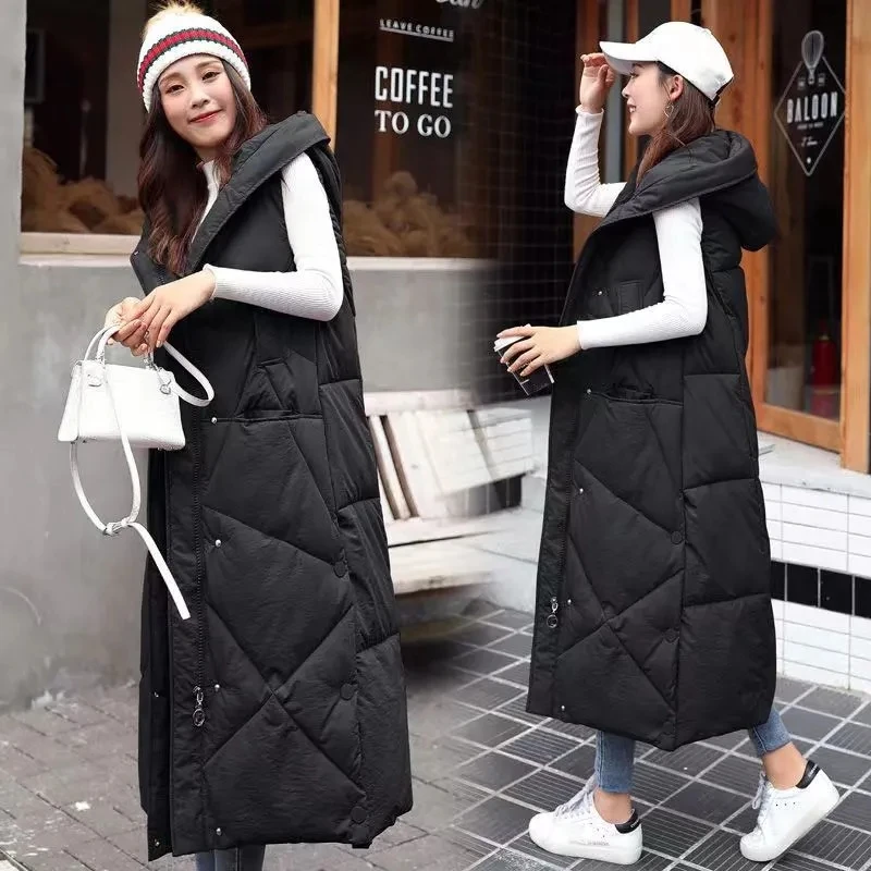 

2024 Autumn Winter Women's Vest Korean Chic Sleeveless Waistcoat Womens Jacket Casual Hooded Down Cotton Coat Long Overcoat Coat