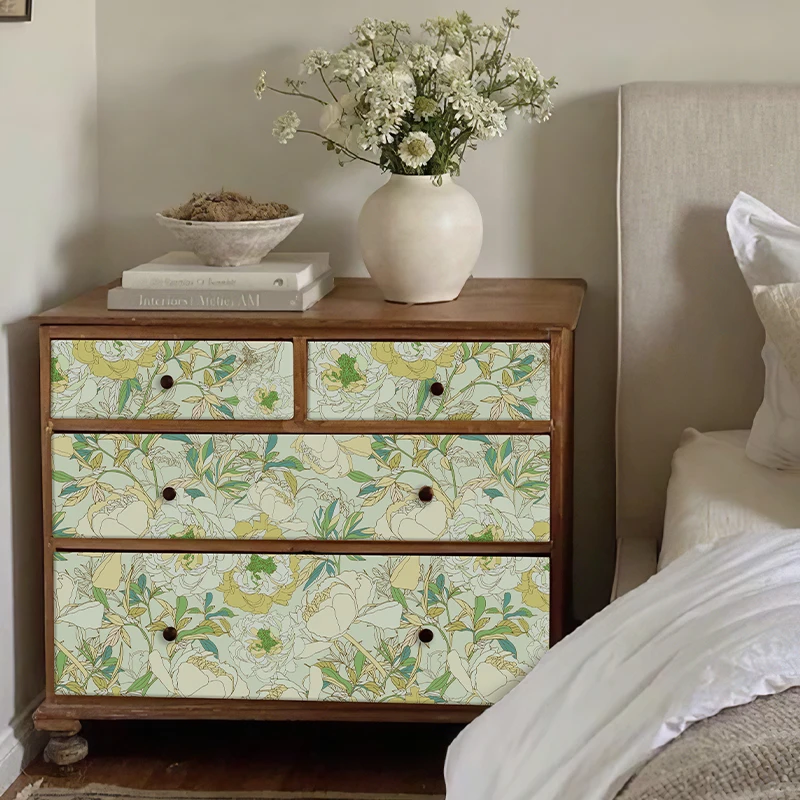 light Yellow Green Line Floral Foliage Waterproof Wallpaper Self Adhesive Removable Natural Green Botanical Cabinet Sticker