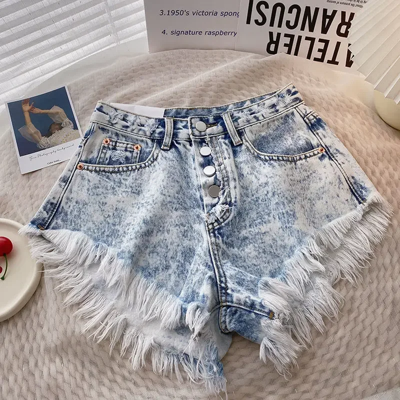 Button Tassel Edge Denim Shorts for Women's Summer High Waisted Gradient Wide Leg Pants Jeans Y2k Shorts