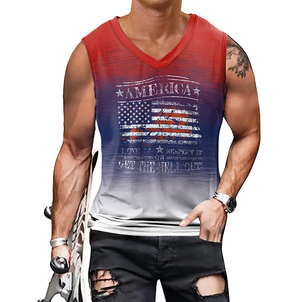 Men Independence Day Tank Top Flag Print Vest Male Fashion Summer Streetwear Sleeveless Sport Shirt V-neck Casual Clothes S-2xl