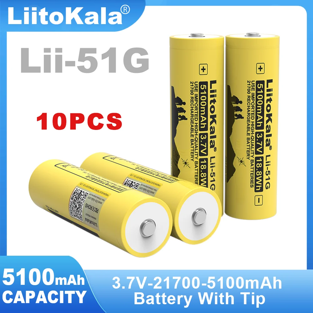 10PCS 100% Original Liitokala Lii-51G Tip  3.7V 5100mAh 21700 For Flashinglight High-capacity Lithium