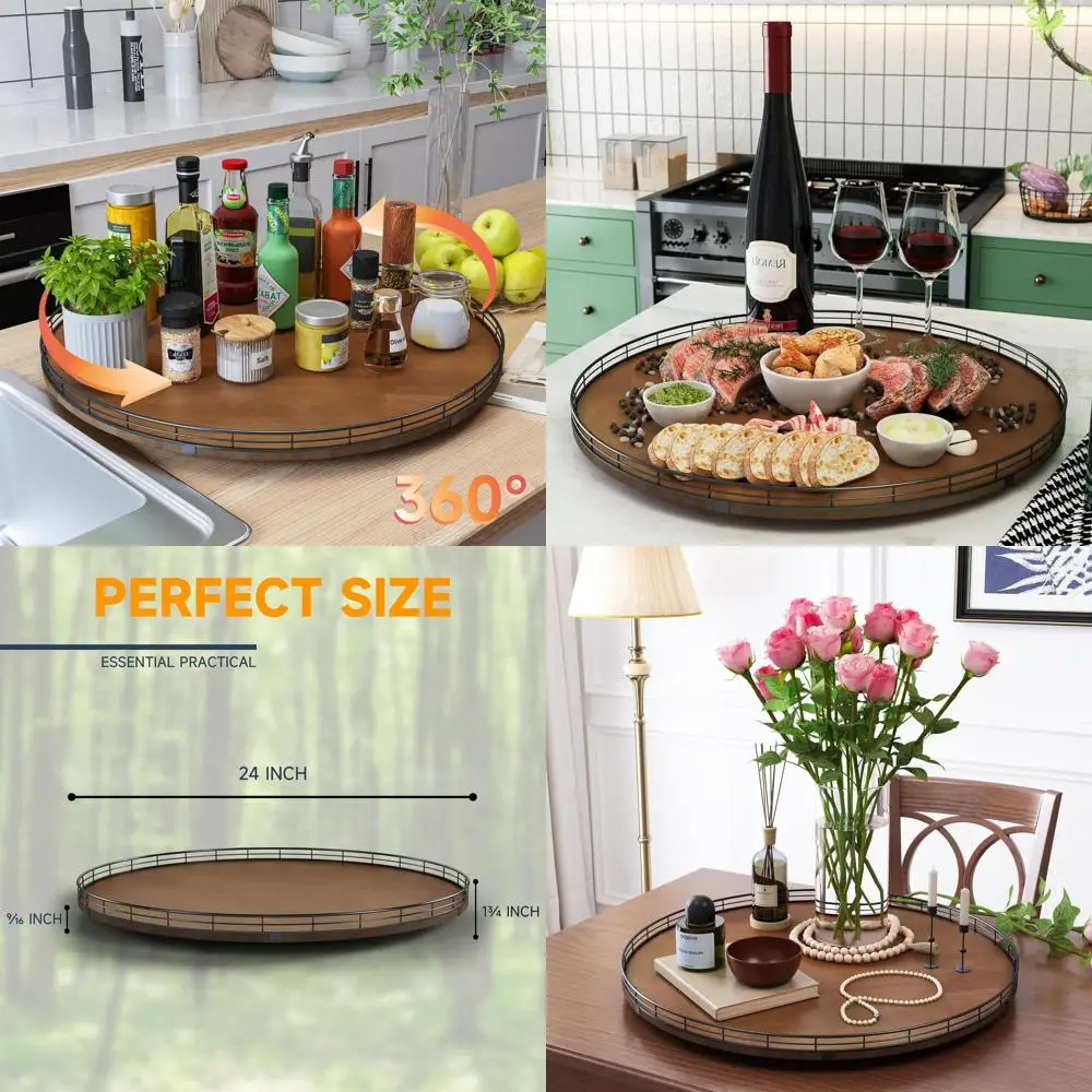 

24 Farmhouse Walnut Lazy Susan for Cabinet & Kitchen Storage, Dining Table Organizer