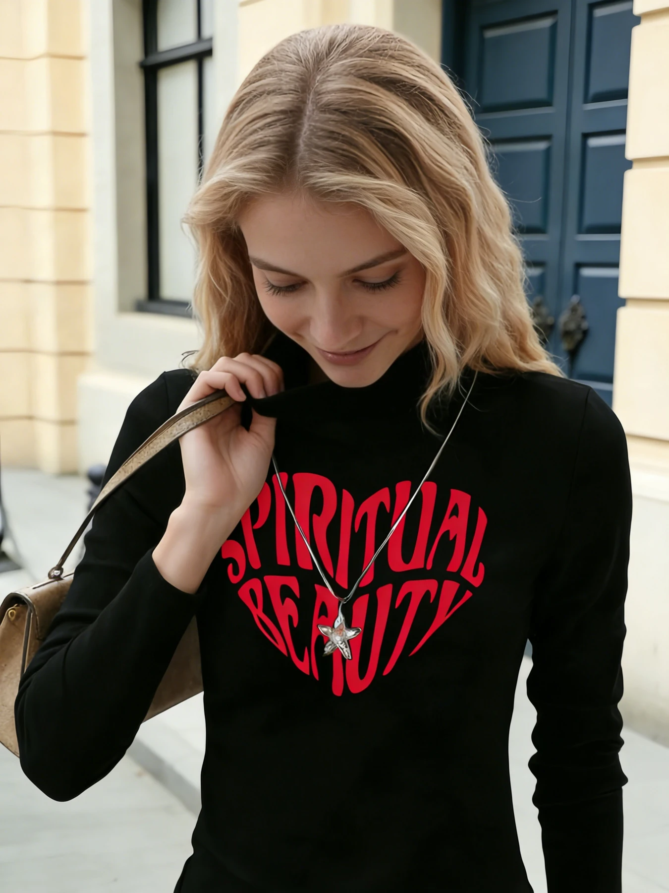 Vrouwen Mock Hals Lange Mouw Tops Rode Spirituele Schoonheid Hart Print Casual Blouse Mode Dagelijks T-shirt Zachte Top Voor Lente Herfst