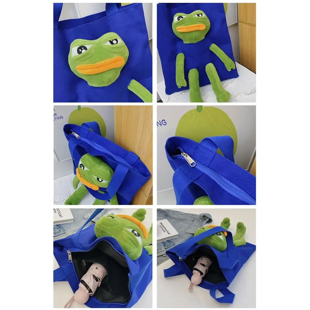 Canvas Shoulder Bags Fashion Anime Cartoon Shopping Bag Stuffed Sad Frog Cute Crossbody Bag Women