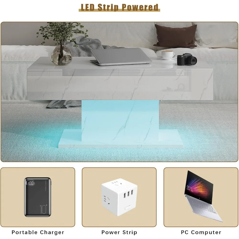 Modern Rectangular High Gloss White Marble LED Coffee Table with Storage Drawers for Living Room