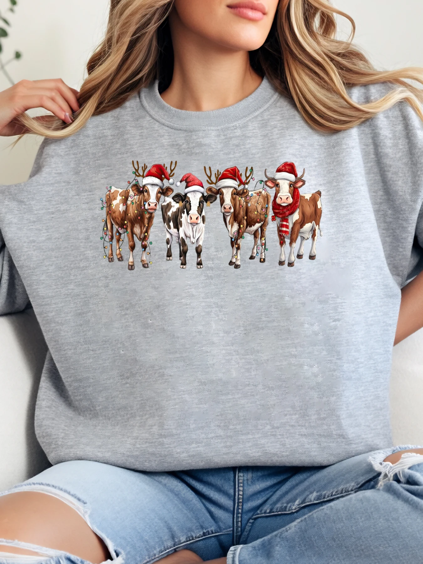 

Рождественские коровки с шапками Санта-Клауса, праздничный свитшот с принтом, женская повседневная одежда, праздничный наряд, серый, больших размеров