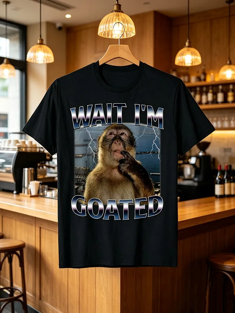 Funny Vintage Humor Wait I'm Goated Thinking Monkey Meme T-Shirt Unisex 2026 Couple Couple Style T-Shirt 220G