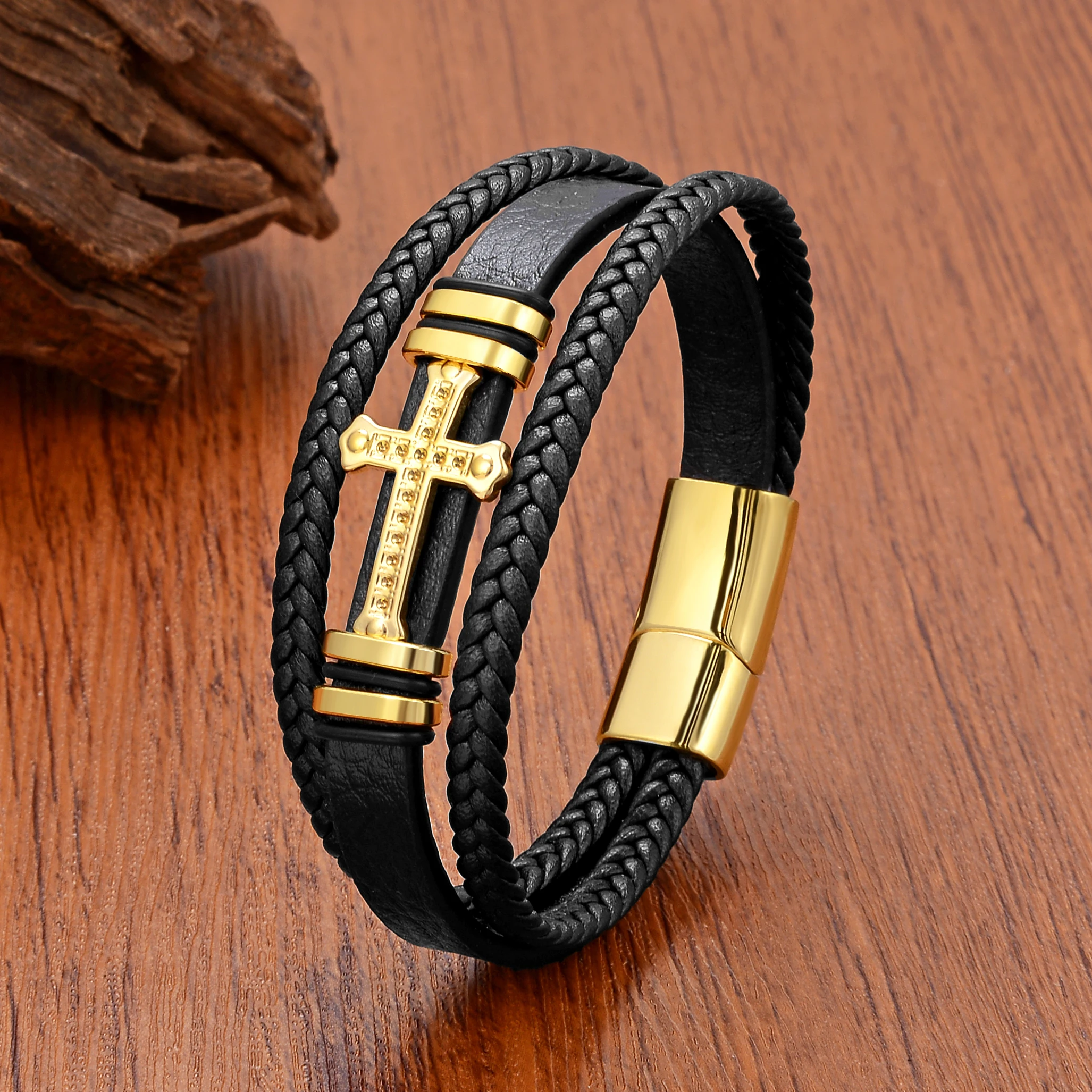 High Quality Stainless Steel Cross Bracelet For Man Accessories Matching Things Weave Leather Bangle Handmade Punk Bracelets