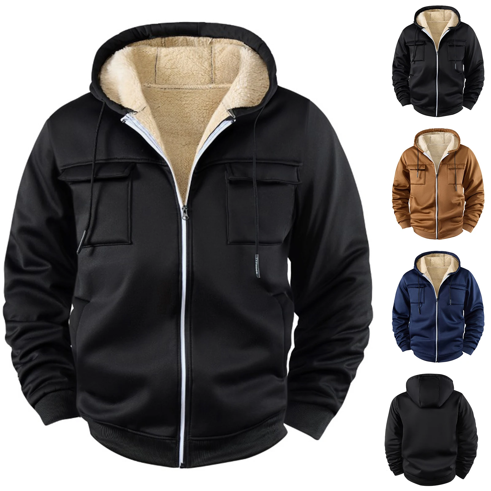 

Winter Men'S Casual Loose Fit Solid Color Hoodie Zipper Breast Pocket Sports Hoodie Jacket Suitable For Daily Wear