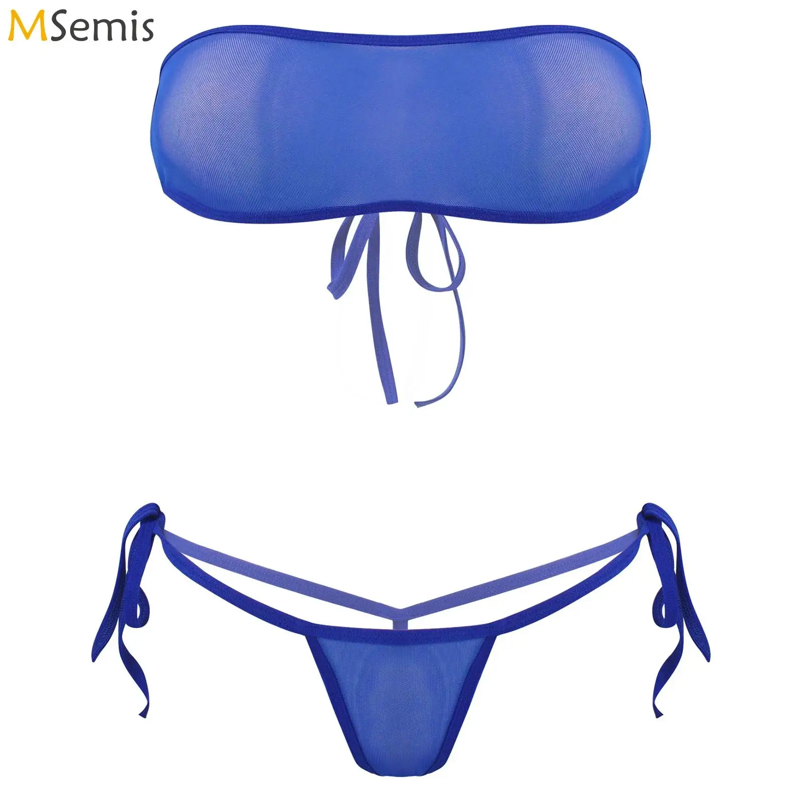 

Womens Bikini Swimsuit See-through Mesh Bikini Set Two Pieces Swimwear Beachwear Strapless Bra Crop Top with Lace-up Thong