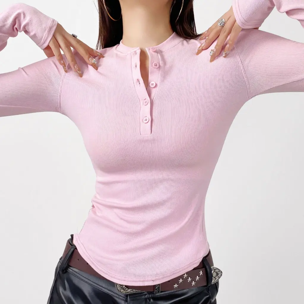 

Women's Long Sleeve Henry Collar Slim Fit T-Shirt Curved Hem Tight Slimming Top for Autumn Winter Fashionable Ins Style
