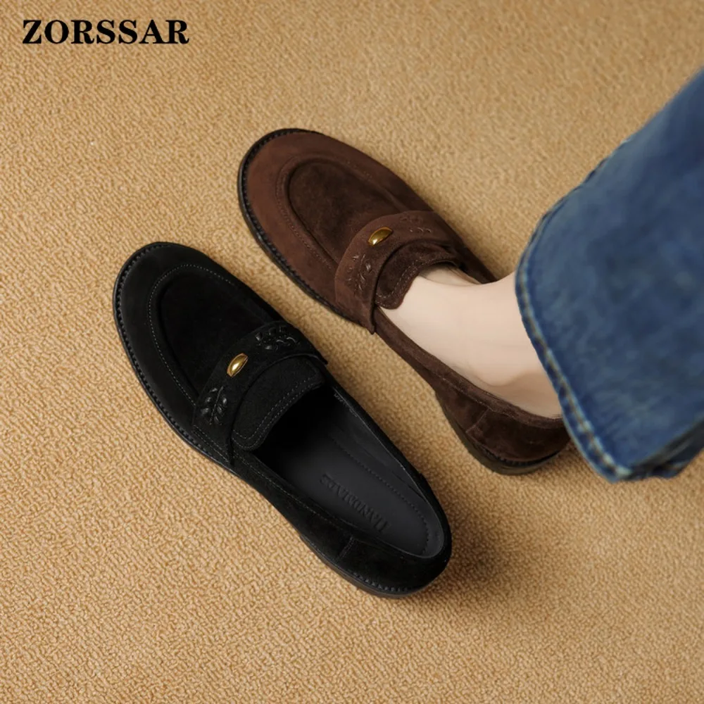 

2026 New Genuine Leather Shoe Woman Slip on Women Flats Moccasins Women's Suede Loafers Spring Autumn Mother Shoe Big Size 34-40