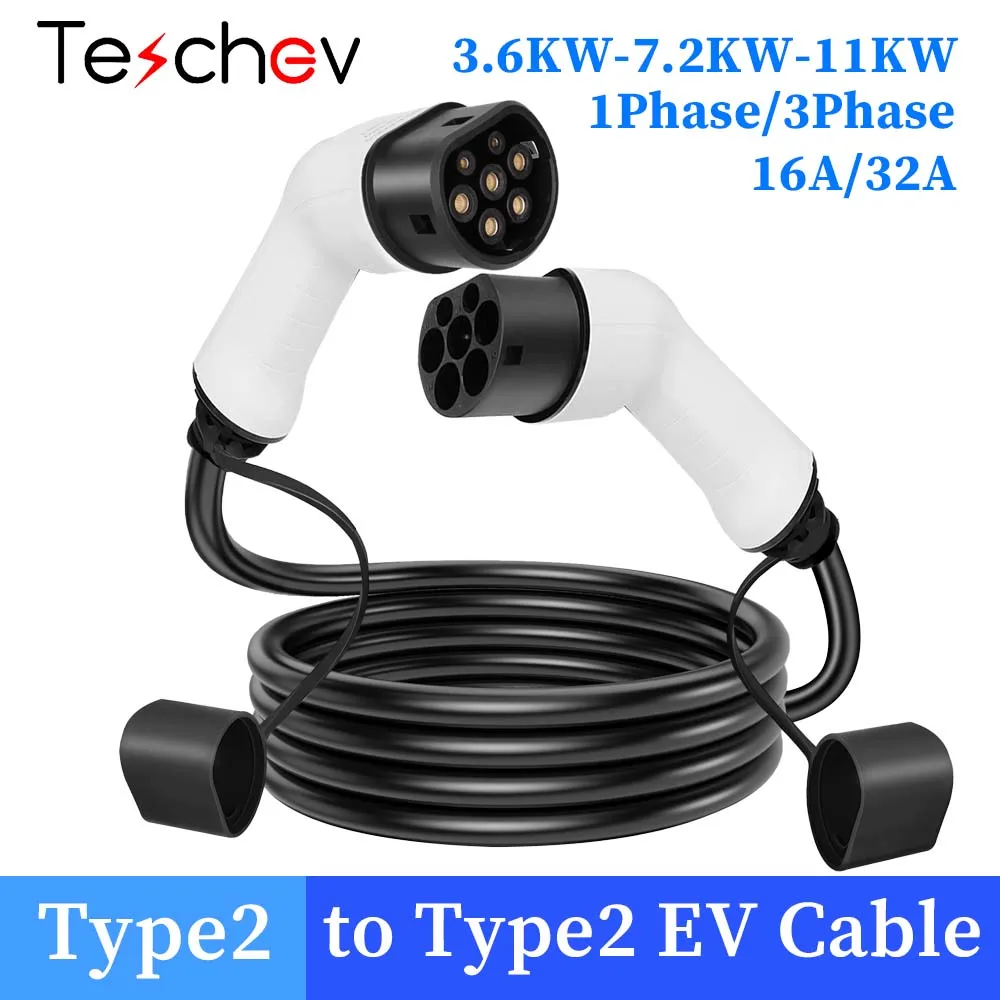 Teschev EV Charging Cable 16A 3.6KW/11KW Electric Vehicle Cord Type 2 IEC 62196 AC Public Charging Station Male To Female Plug