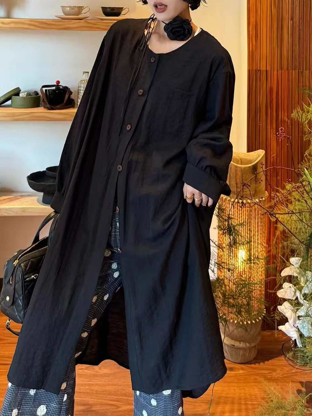 

Ele Bla Long Sve irt Dr Women's Loose Casual Slimming Autumn Outerwear Top Button-Up Mid-Length Vintage Sle