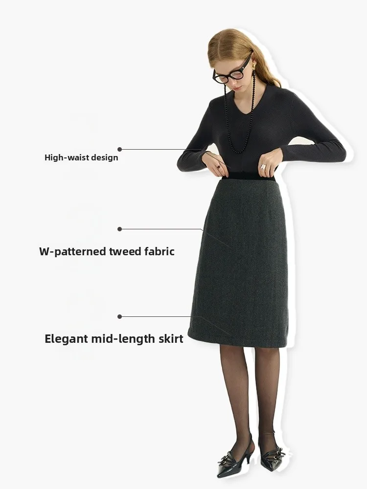 since Then Grey Woolen High Waist Straight Cut Midi Skirt Women's Fashion Autumn Commute Dress Elegant Simple Color 