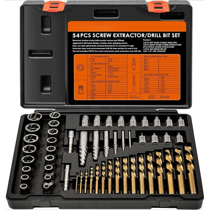 

Broken Bolt Extractor Kit, 54 Pieces Easy Out Screw Extractor Set, Lug Nut Removal Tool with Left Hand Drill Bit Set f