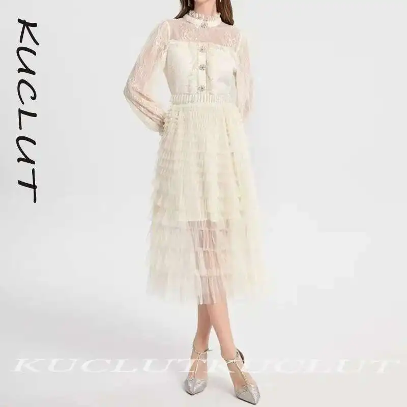 KUCLUT 2025 ใหม่แขนสั้น Floral Lace Overlay SHEER แผง MIDI ความยาว Elegant ผู้หญิงโรแมนติกผู้หญิงชุดหญิง
