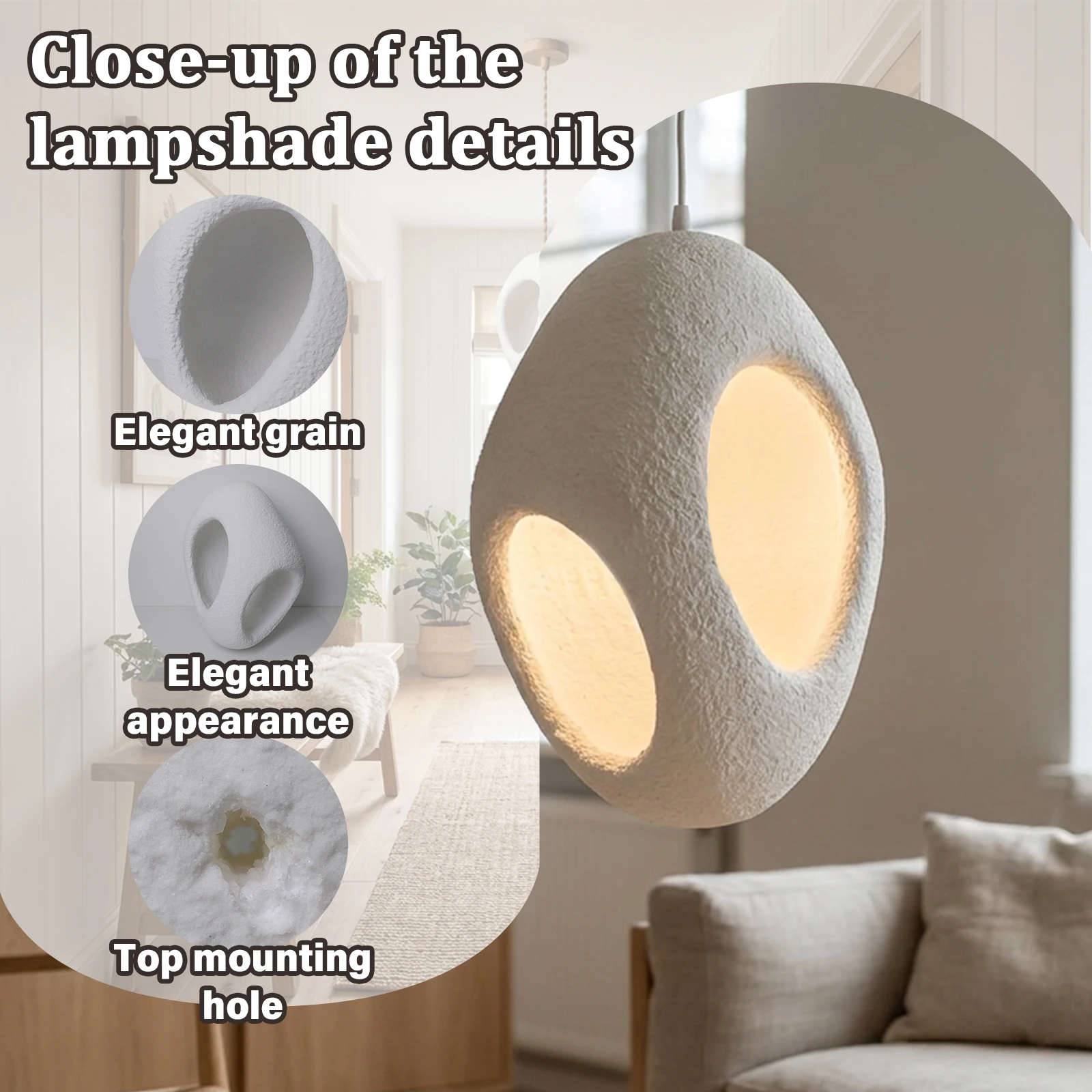 Sculptural Stone Pendant Light, Rough White Hollow Shape Hanging Lamp, Scandinavian Minimalist Ceiling Lighting for Home